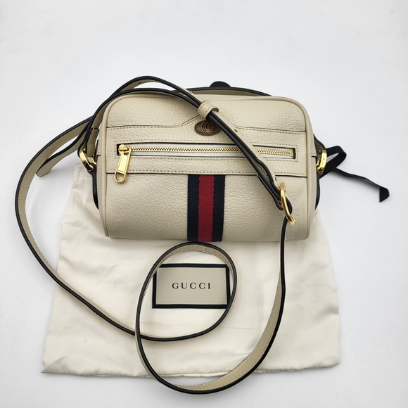 Gucci Handbags - GUCCI Textured Dollar Calfskin Web Mini Ophidia Shoulder Bag Mystic White. Auth.
